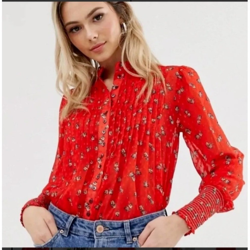 Free People Floral Blouse Womens S Red Cottagecore Pintuck Swiss Dot Sheer Top